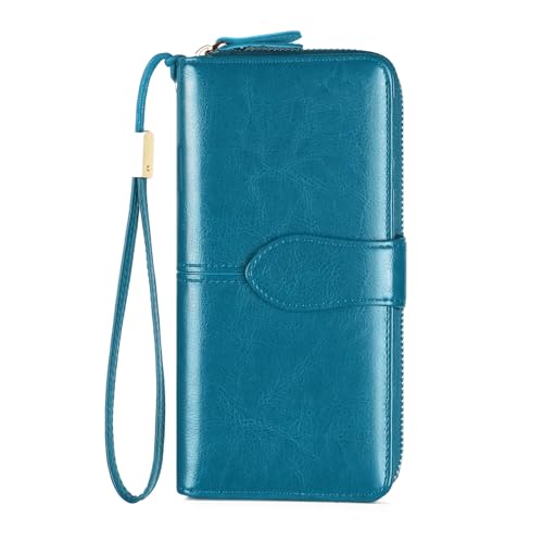 Womens Wallets Large Capacity Credit Card Holder Rfid Wallet Women Double Zipper Pocket Leather Bifold Ladies Wallet (Blue)