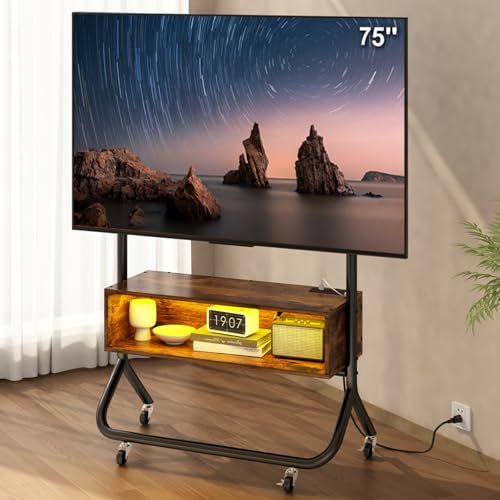 El Mejor Listado de Centro de Tv Top 5. 48 Uzelia Mueble para TV Móvil con Soporte de Televisor y Ruedas, Mesa para TV Grande 75 Pulgadas, Centro de Entretenimiento con Luces y Estante de Almacenamiento Abiertos Mueble...