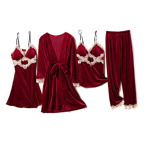 LIKUGD Women Pajamas Set 4 Pcs Warm Velour Lace Trim Sleepwear with Robe Sexy Soft Pj Set Nightwear Set Homewear Suits,D,XXL