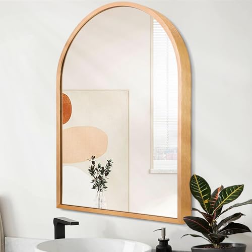 Image of Arched Gold Framed Wall Mirror, 26 inchx18 inch Aluminum Alloy Bathroom Mirror for Wall, for Bedroom Entryway Living Room Vanity Large