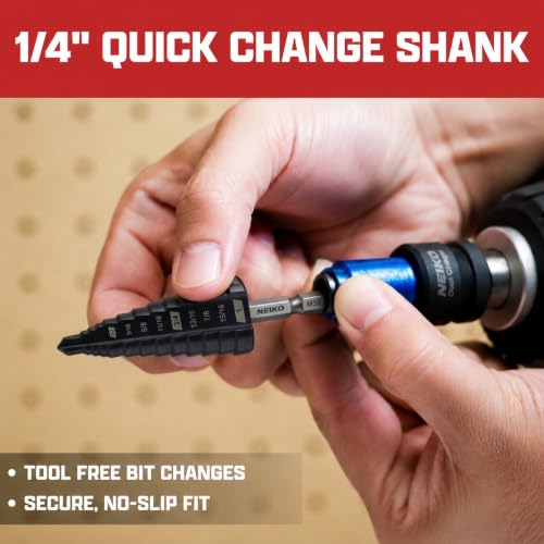 Image of NEIKO 10624B Step Drill Bit, 9 Steps 1 /2 inch to 1 inch Straight M35 Cobalt, AlTiSiN Coated, 1 /4 inch Quick Change Step Bits for Steel, Metal, Wood, Plastic, Unibit Cone Drill Bits, Two Flute
