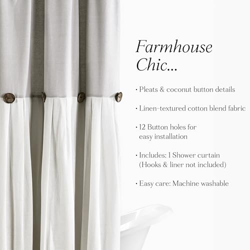 Image of Lush Decor Linen Button Shower Curtain, 72 inch W x 72 inch L, Gray & Off White - Gray Shower Curtain Fabric - Bathroom Curtain - Farmhouse Bathroom Decor