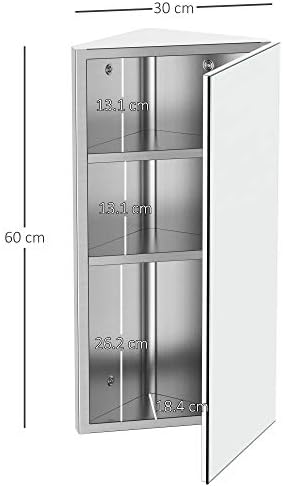 HOMCOM Wall Mount Corner Mirror Cabinet with Three Shelves, Stainless Steel Bathroom Storage Cabinet with Door