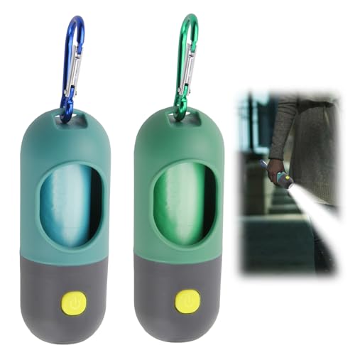 2Pcs Dog Poop Bag Dispenser with LED Flashlight, Pet Waste Bags Holder with Safety Carabiner Clip For Leash, Each Pet Poop Pickup Bag Holder Dispenser with 15Pcs Doggy Waste Bags