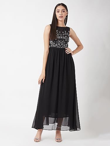 Image of Miss Chase Women's Round Neck Sleeve Embellished Fit Flare Maxi Dress