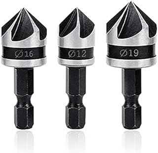 Mesee 3Pcs Countersink Chamfer Drill Bit Set, 5 Flute 90 Degree Chamfering Countersink Bits with 1/4Inch Hex Shank, 12mm 16mm 19mm