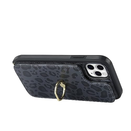Image of for iPhone 11 Pro Phone Case with Card Holder and Strap for Women,Crossbody Lanyard,Kickstand Ring Stand,Snap Clasp,Cute Phone Wallet Cases 5.8 inch(Black Leopard)