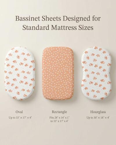 Image of Bassinet Sheets for Baby Girls Boys 2 Pack, Fitted Baby Mattress Sheet for Rectangle, Oval, Hourglass Bassinet Mattress, Breathable Cozy & Universal Fit (Nemo Dots, Bassinet Sheet)