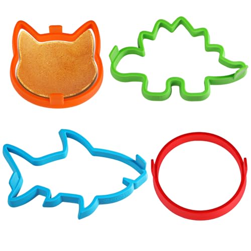 Kamehame Lot de 4 moules à crêpes en silicone anti-adhésif pour crêpes en forme de requin, chat, dinosaure