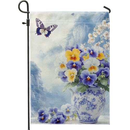 Drapeau floral de jardin printanier, bouquet de pensées violettes, décoration extérieure, drapeau de cour double face, décoration de pelouse de vacances, 30,5 x 45,7 cm