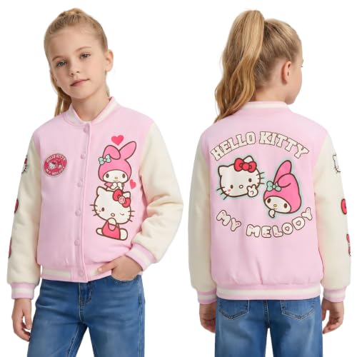 Hello Kitty Chaqueta gruesa universitaria para niñas, chaqueta bomber rosa con botones a presión y bolsillos, abrigo de personaje infantil de 4 a 10 años, rosa, 5-6 años