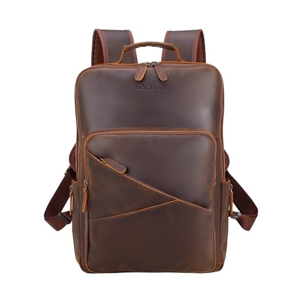 STAR VISTA 15.6" Trajan Vintage Full Grain Leather Laptop Backpack for Men, Multi Pockets, Casual Outdoor Business Travel Rucksack, YKK Zippers, Dark Brown
