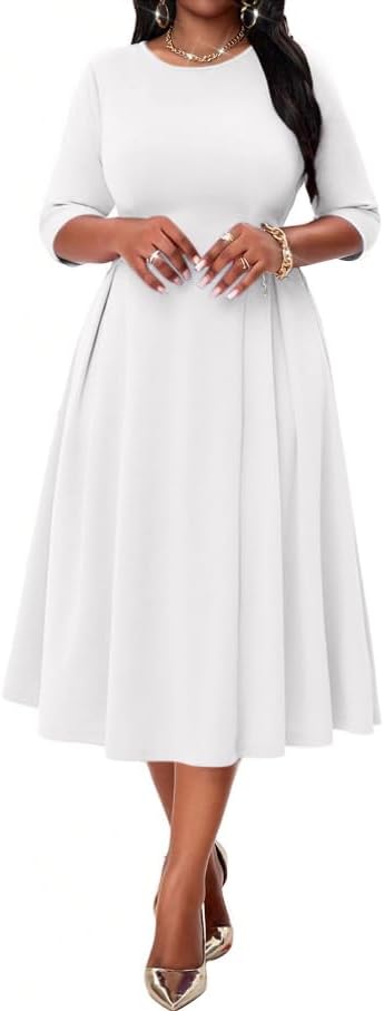NMODER Womens Cocktail Dress 3/4 Sleeve Elegant Church Dresses for Women Midi Work Crewneck Dress with Pockets