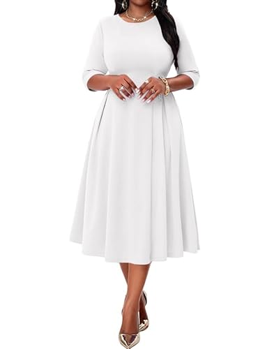 Nmoder Midi Dresses for Women 3/4 Sleeve Fit and Flare Empire Waist A Line Cocktail Church Dresses with Pockets White XL