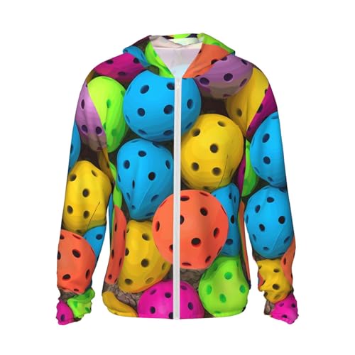 UPF 50+ Sun Protection Hoodie Long Sleeve Pickleball Balls Colors Pattern Sun Shirt Rash Guard Fishing Shirts for Men