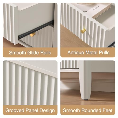 Image of Fluted Nightstand with Charging Station Set of 2, 27.3 inch Wide Modern Bedside Table with 2 Drawers & Open Shelf, Large Wood End Table with Storage & Metal Handle for Bedroom, Cream White