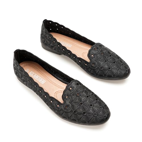 GLAMORA Bailarinas Mujer Manoletinas Caladas Puntera Estilizada Zapatos Planos Bordado Floral Elegantes Transpirables Comodos Primavera Verano black-37