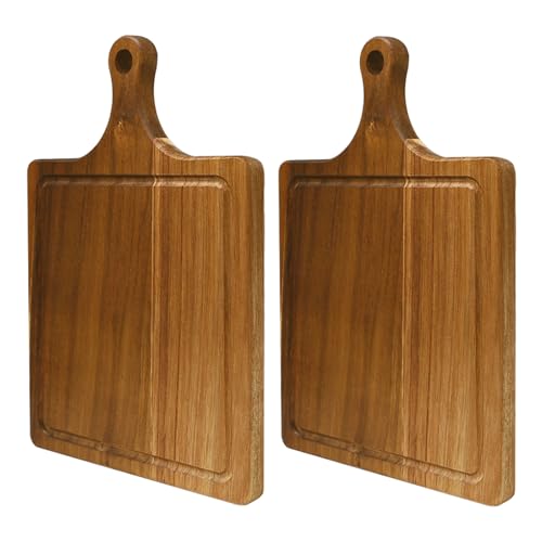 Sixfolo 2 Pcs Planche à Découper en Bois Acacia Planche de Service Bois avec Poignée et Rainure Petite Planche Fromage Bois Naturel pour...