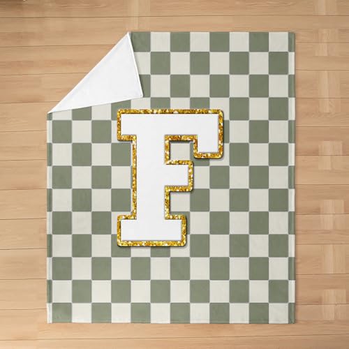 Image of Erosebridal Sage Green Checkered Flannel Blanket Plaid Initial F Fuzzy Plush Throw Personalized Monogram Fleece Blanket for Kids Boys Girls,Fashion Grids Gingham Decor for Bed Couch Queen 90 inchx90 inch