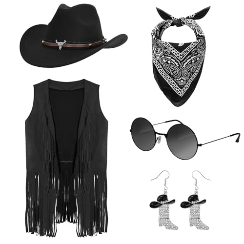 OJMHD 5 Stück Western Cowgirl Kostüm für Damen, Cowboy Outfits mit Schwarz Fransenweste, Cowboy hut, Ohrringe, Hippie-Brille, Bandana für Karneval...