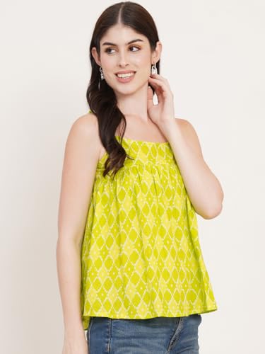 Image of FABRIC FITOOR Women's Lime Green Color Geometric Print Cotton Fabric Crop Top