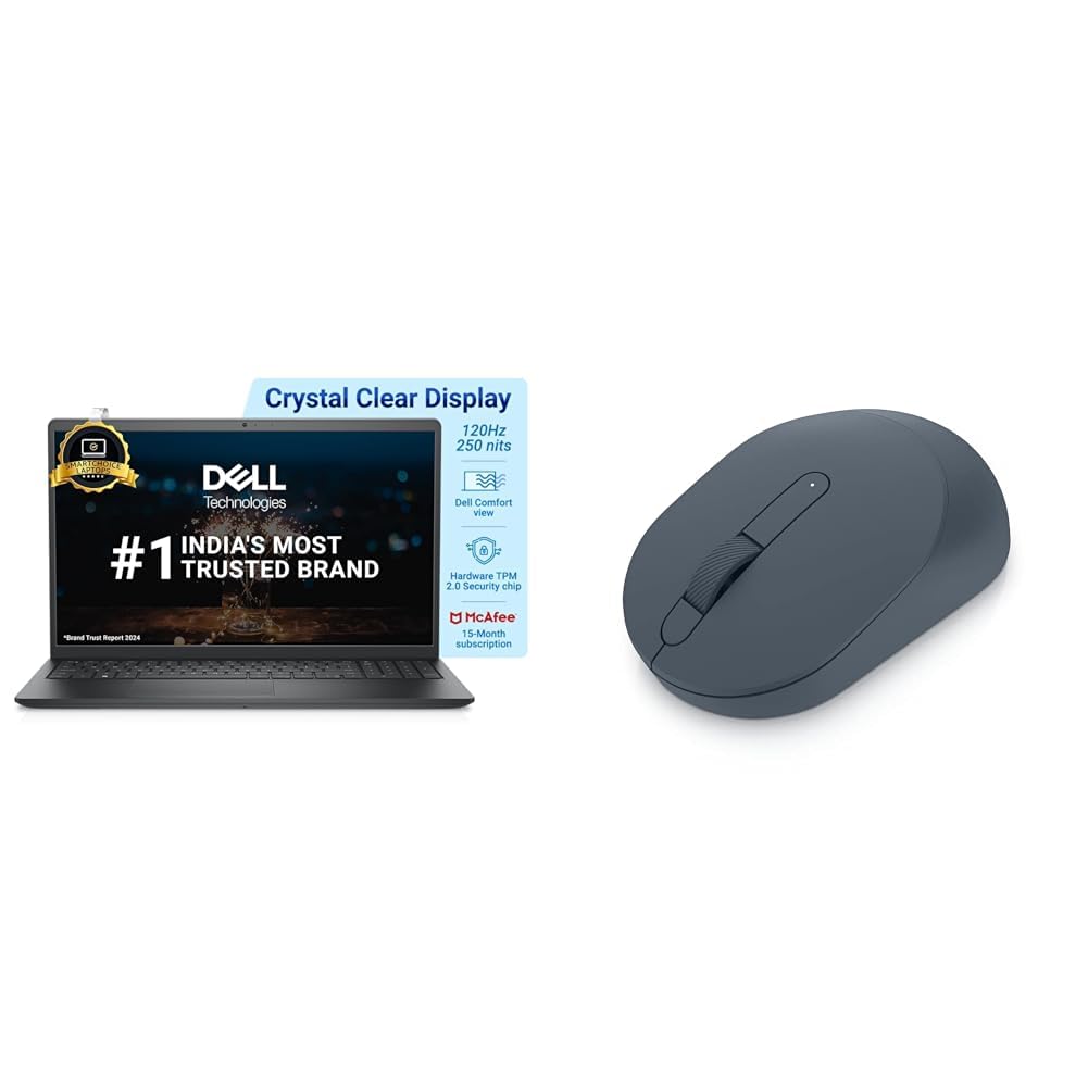 Dell 15 Thin & Light Laptop, Intel Core i5-1235U Processor/16GB DDR4+512GB SSD/15.6" FHD/Carbon Black + Dell W/L Mouse-MS3320W, W/L-2.4GHz, BT 5.0, 1600 DPI, 3-Buttons-Midnight Green