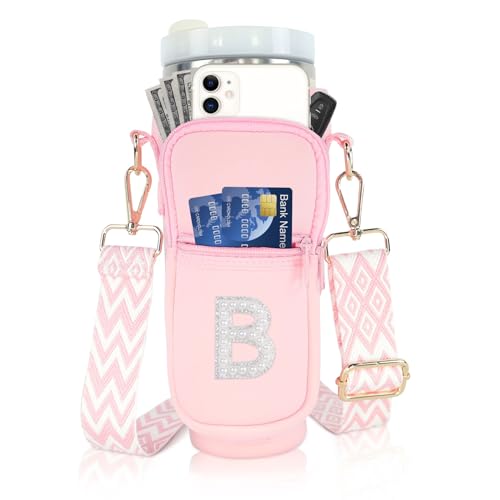 Initial A-Z Water Bottle Carrier Bag with Strap for Stanley 40oz Tumbler, Personalized Water Bottle Holder Pouch with Pearl Letter Phone Pocket for Stanley Cup Accessories Custom Gift for Women Pink B
