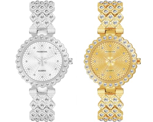Franktime Jewellery Series Analog Watch for Women | Round Studded Dial Analogue Quartz Day Long Battery | Adjustable Bracelet Chain Strap | Double Lock Clasp Safety Watch Pack of 2 Gold and Silver (B0CM553QNP) Amazon Price History, Amazon Price Tracker