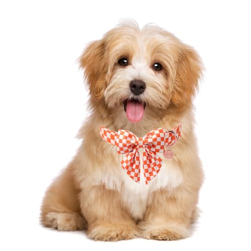 Image of Fall Dog Collar with Bow Tie, Orange Plaid Bowtie Dog Collar, Autumn Bowtie Collars for Puppy Boy Girl Dogs, Comfortable Cotton Dogs Collars with Metal Buckle