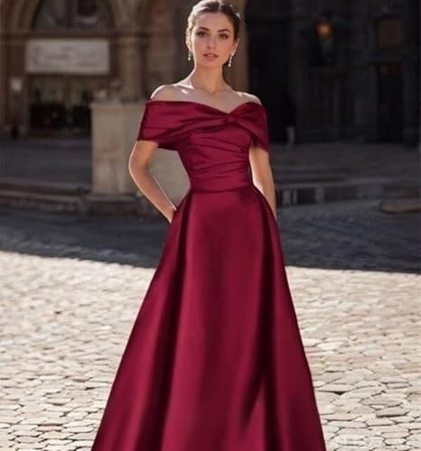 Off The Shoulder Mother of The Bride Dresses Tea Length Prom Dress Ruffle Satin Formal Evening Gowns with Pockets4