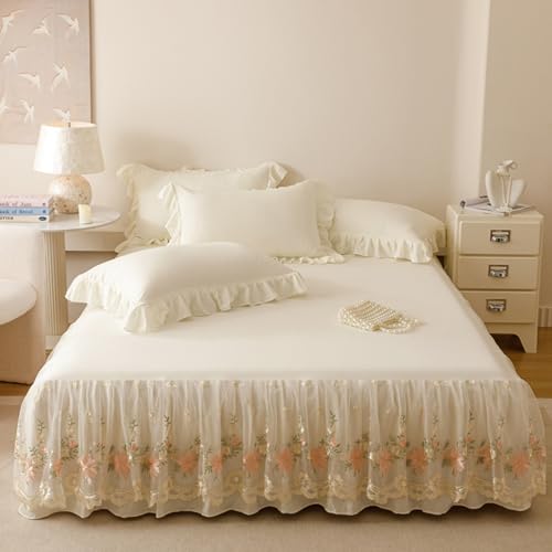 Morbuy Falda de Cama con Volante, Sabana Bajera con Volante Faldon y Goma Alrededor Sabana Bajera con Funda de Almohada para Cama Alto 38 cm (HT23 Blanco,150x200cm)