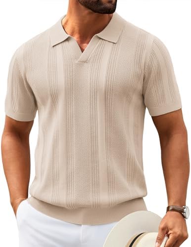 COOFANDY Mens Knit Polo Shirts Short Sleeve Vintage V Neck Collared Shirts Classic Golf Shirts