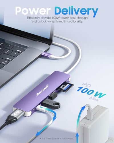 Image of Hiearcool USB C Hub, 7-in-1 Multi-Port Adapter, USB-C to 4K HDMI Splitter Type C Dock Dongle with 100W Power Delivery SD /TF Card Reader Compatible for MacBook Pro /Air and More Type USBC Devices
