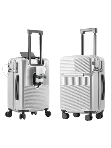 Hardside Carry On Luggage Airline Approved with Cup Holder,Lightweight PC Hard Shell Suitcases with Front Pocket, Spinner Wheels, TSA Lock (Silver, 26inch)
