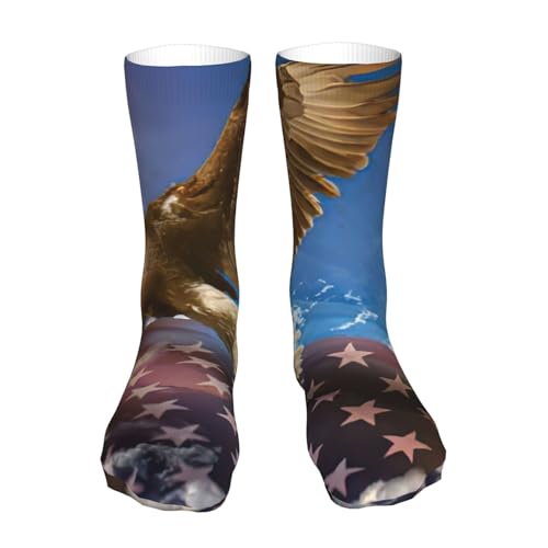 KLJnmbb Calcetines de tubo hasta la rodilla con estampado artístico de águila y bandera de Estados Unidos, cómodos, atléticos, uso diario, regalo, viajes, vacaciones