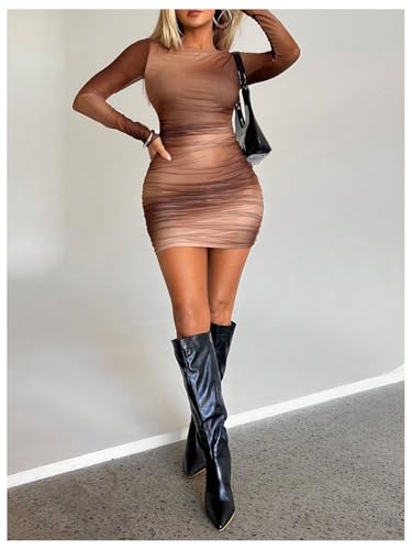 Image of GORGLITTER Women's Long Sleeve Mini Dress Vacation Party Wedding Guest Cocktail Ombre Ruched Mesh Bodycon Dresses