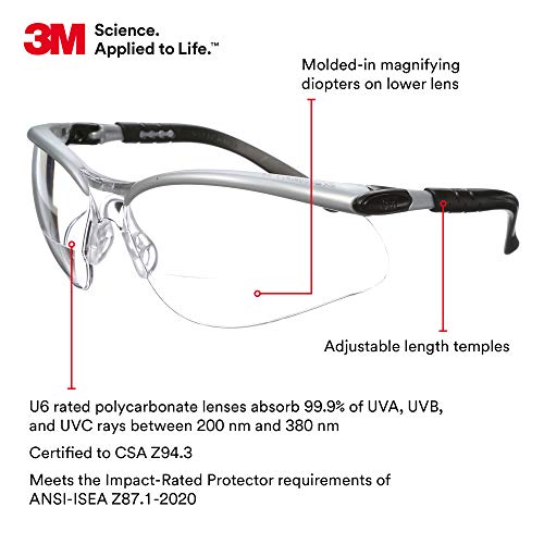 3M Safety Glasses with Readers, BX, +1.5, ANSI Z87, Anti-Fog Anti-Scratch Clear Lens, Silver Frame, Adjustable Length Temples and Lens Angle