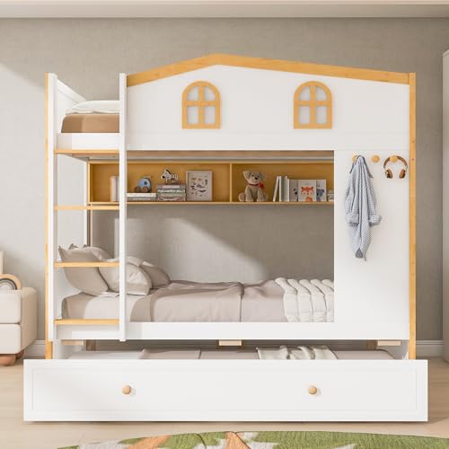 Image of Merax Full Over Full Size House Bunk Bed with Storage Shelves & Pull-Out Trundle, Solid Wood Space-Saving Loft Bed Frame with Safety Guardrails for Bedroom, White+Natural