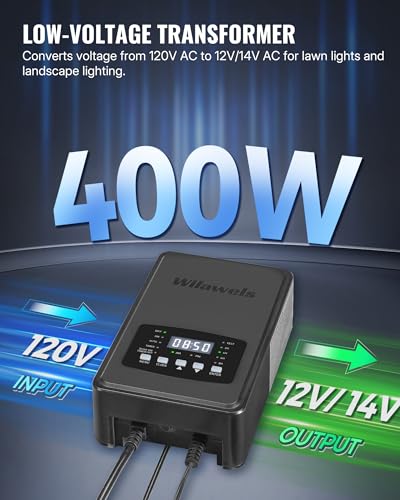 Image of 400W Low Voltage Landscape Transformer, Weatherproof Outdoor Low Voltage Transformer, 120V AC to 12 /14V AC Landscape Lighting Transformer with Timer and Photocell Sensor, ETL Listed D13LT06N1