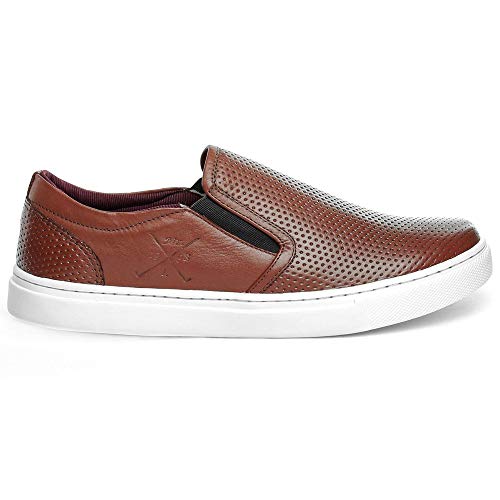 Sapatenis Iate Slip On Masculino Couro Furadinho Cor:Bege;Tamanho:37