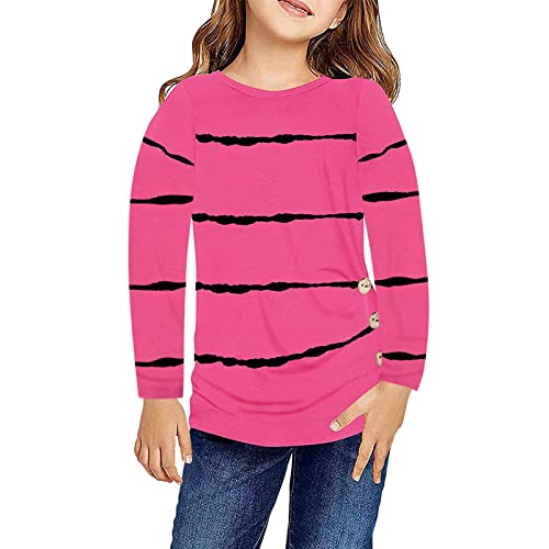 Teen Kids Long Sleeve T Shirts Crewneck Tunic Tops Little Girls Casual Button Striped Tee Blouses Fall Clothes(Hot Pink,4-5 Years)