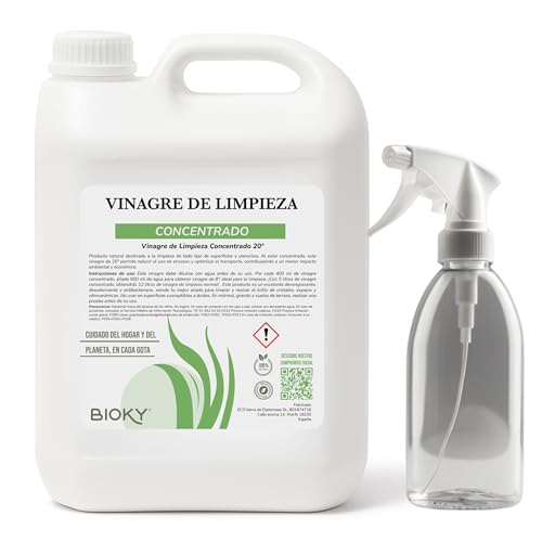 Vinagre Blanco Destilado 20º - Incluye Botella Pulverizadora - Súper Concentrado - Limpieza Multiusos - Fórmula Económica y Ecológica (5L)