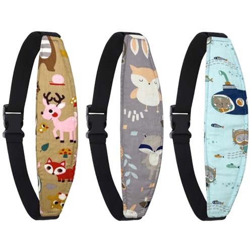 Image of ZHOMA 3 Pcs Baby Head Support for Car Seat, Adjustable Band Strap for Stroller, Soft Neck Relief Slumber Sling for Toddler Infants Children and Kids, Sleep and Travel Protection Headrest Belt-Animal1