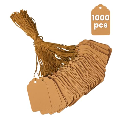 1.75x1.1 Inches Brown Price Tags with String 1000 Pack Goefun 250 GSM Kraft Gift Tags with String Attached for Labeling Hanging Clothing Jewelry Garage/Yard Sale Inventory