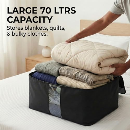 Image of EASY HOME 70 litre Storage Bags for Clothes Large | Cloth Storage Organizer with Zip Closure | Wardrobe Bag for Sarees, Quilts & Blankets | Moisture Proof Nylon Cover Bag (Pack of 1)