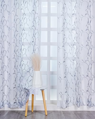 Image of (7 Ft Embroidered Tissue Curtain | Small Leaf Floral Design Grommet Curtains Window Curtain |Vintage Classical Floral Print | For Home | White & Grey(Pack Of 1) | 213 L X 121 W Centimeters
