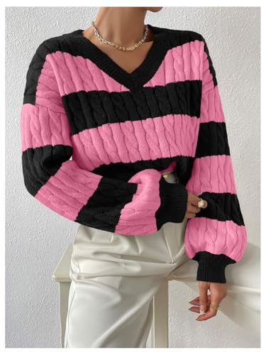 MakeMeChic Women's Cable Knit Color Block Striped Sweater V Neck Long Sleeve Pullover Tops3