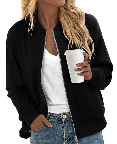 CRAZY GRID Womens Plus Size Jackets Long Sleeve Full Zip Casual Lightweight Fall Jacket Lightweight Black Bomber Jacket Fall Outfits Black X-Large