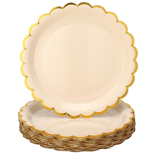 Maxcheck 50 Pcs Creamy White Scalloped Paper Plates with Gold Foil 9 Inches Disposable Paper Party Plates Decorative Paper Plates for Cake Dessert Birthday Baby Shower Wedding Party Supplies