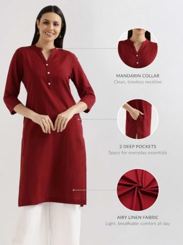 Image of SAADAA Women's Linen Blend Long Kurta with Viscose Palazzo Set | Straight Fit Kurta with Wide Leg Palazzo | Solid Ethnic Co-ord Set for Office & Casual Wear